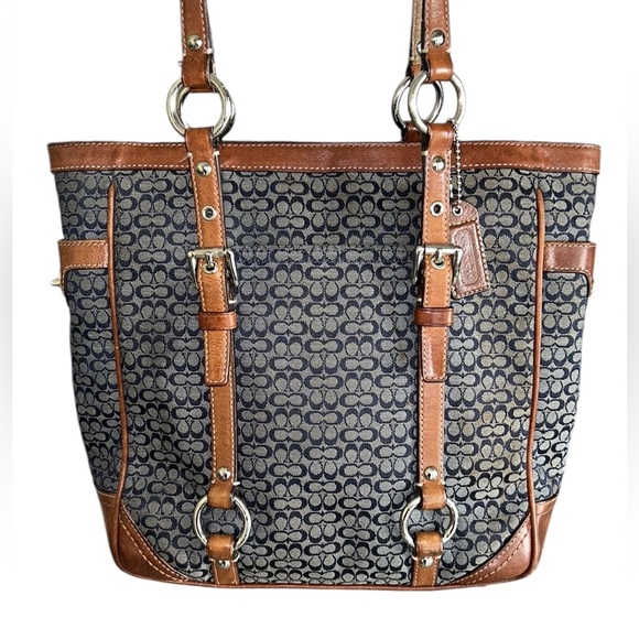 COACH Gallery Navy Blue Signature Logo Tan Leather Shoulder Tote Bag F11526 - Picture 3 of 16